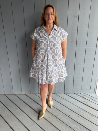 Entro Blue N Cream Printed Mini Dress