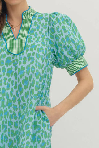 Entro Leopard Gingham Trim Midi Dress