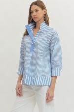 Entro Blue Striped Blouse with Pearl Button