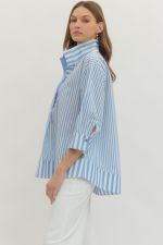 Entro Blue Striped Blouse with Pearl Button