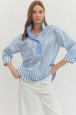 Entro Blue Striped Blouse with Pearl Button
