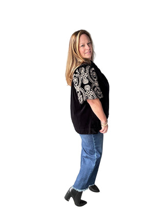 Velvet Embroidered Sleeve Top